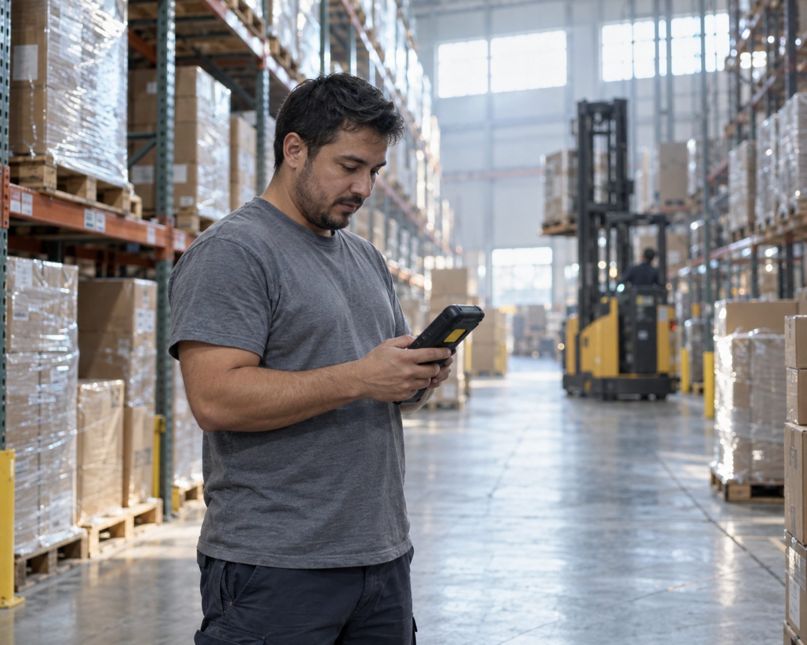 Warehouse worker scanning a pallet with a handheld terminal